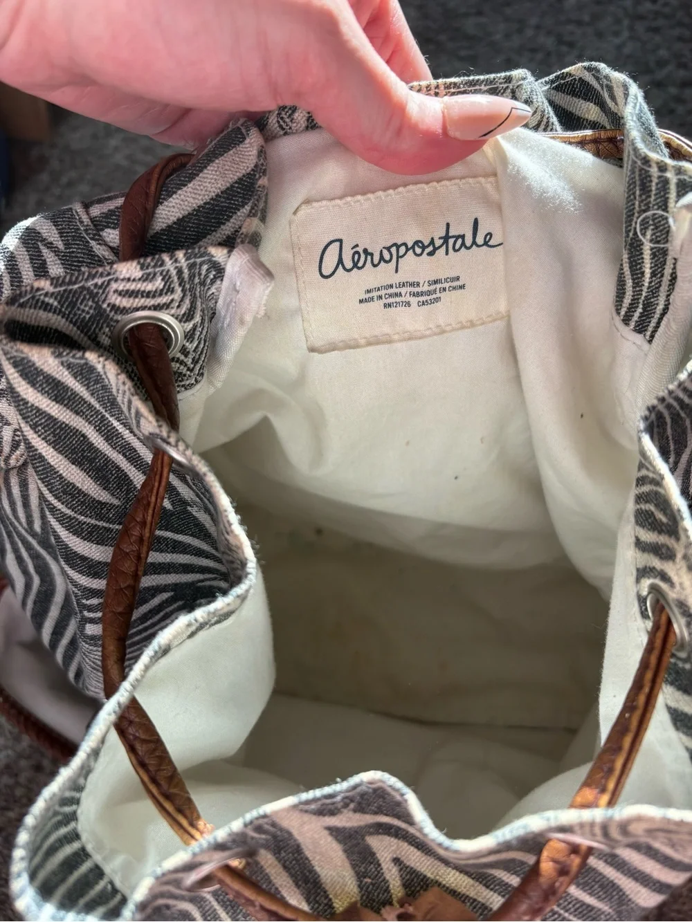 Aeropostale Black and White Zebra-Pattern Drawstring Backpack